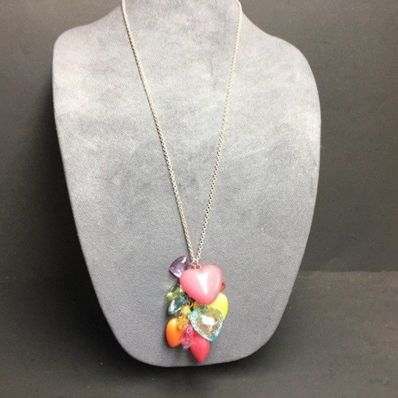Heart Dangle Silver Necklace Multicolor Translucent Faceted Valentine Barbie - Picture 2 of 6